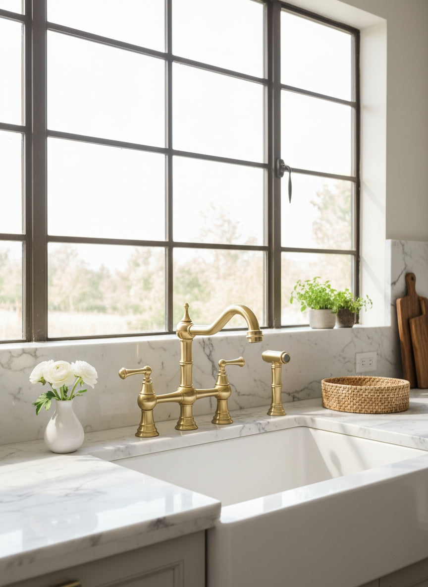 Bridge Kitchen Faucet with Side Sprayer - Solid Unlacquered Brass