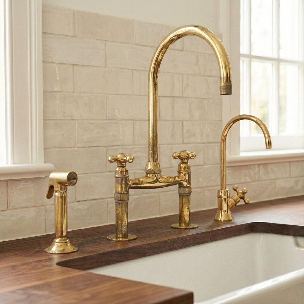 Traditional High-Arc Unlacquered Brass Bridge Kitchen FaucetTraditional High-Arc Unlacquered Brass Bridge Kitchen Faucet 