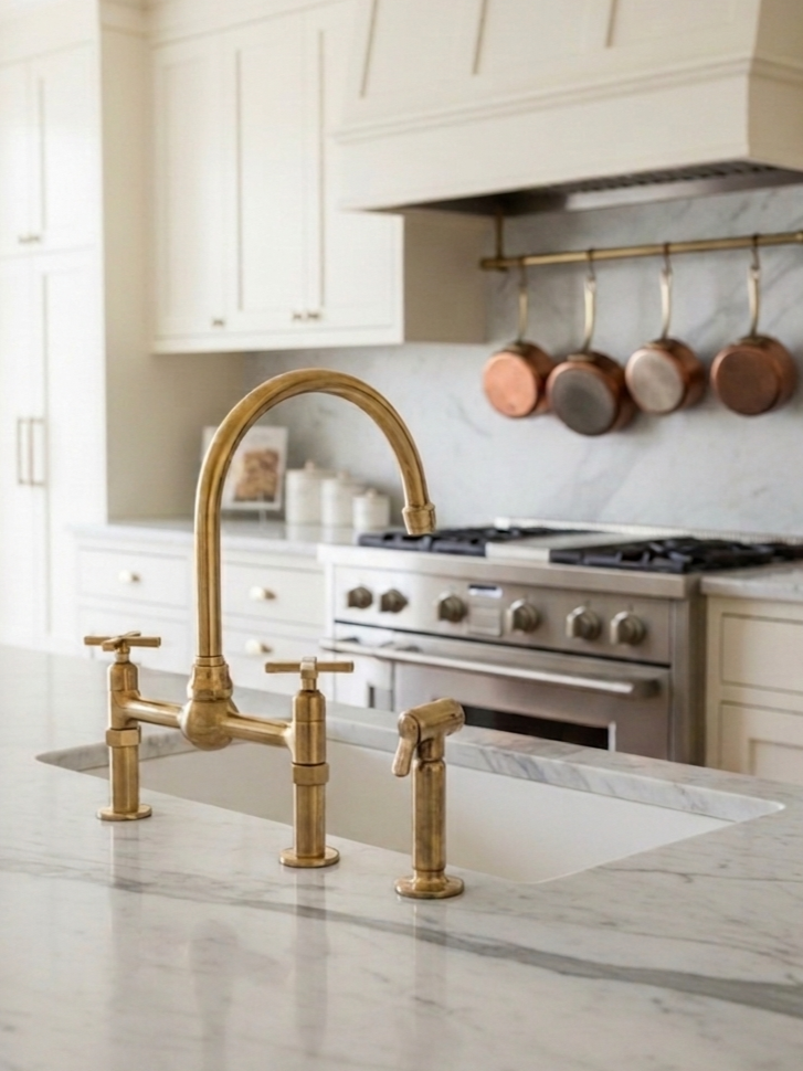 Handmade Brass Kitchen Faucet -  Dual Handle Center Ball Bridge Sink Faucet