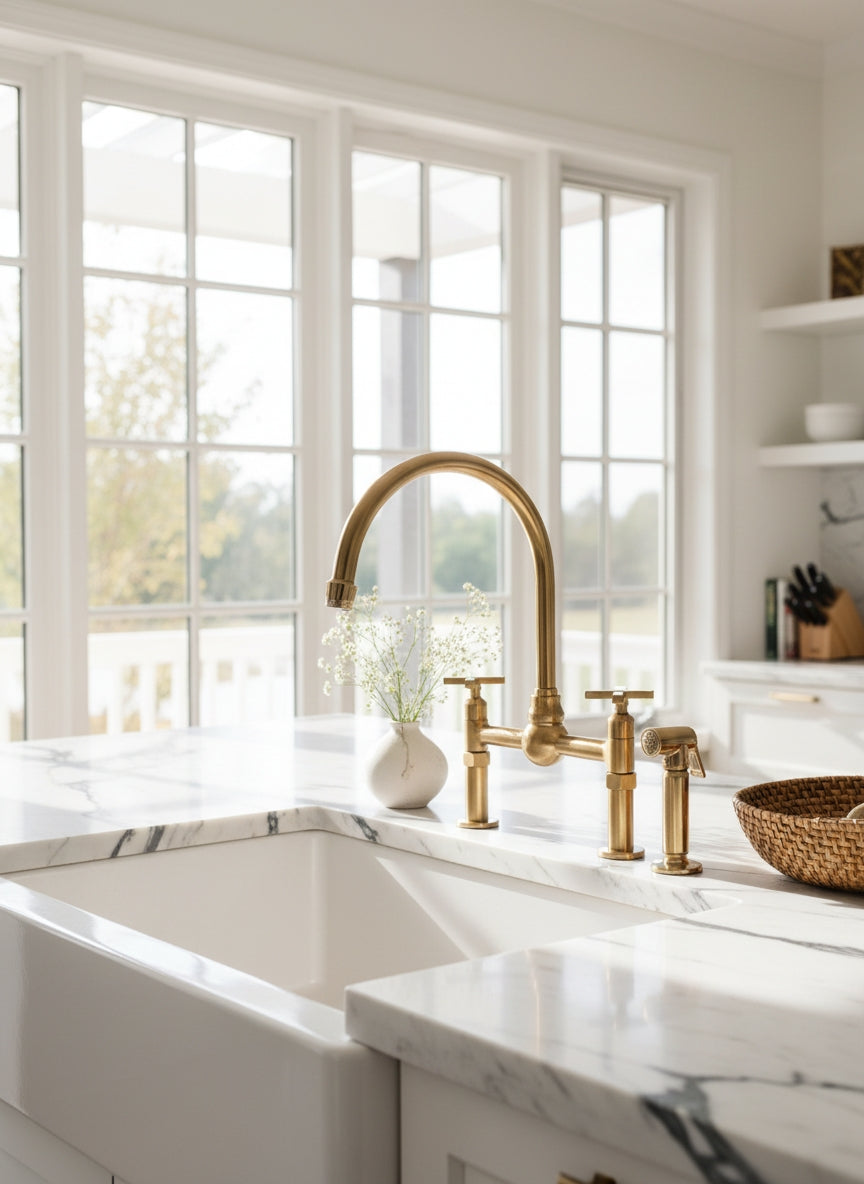 Handmade Brass Kitchen Faucet -  Dual Handle Center Ball Bridge Sink Faucet
