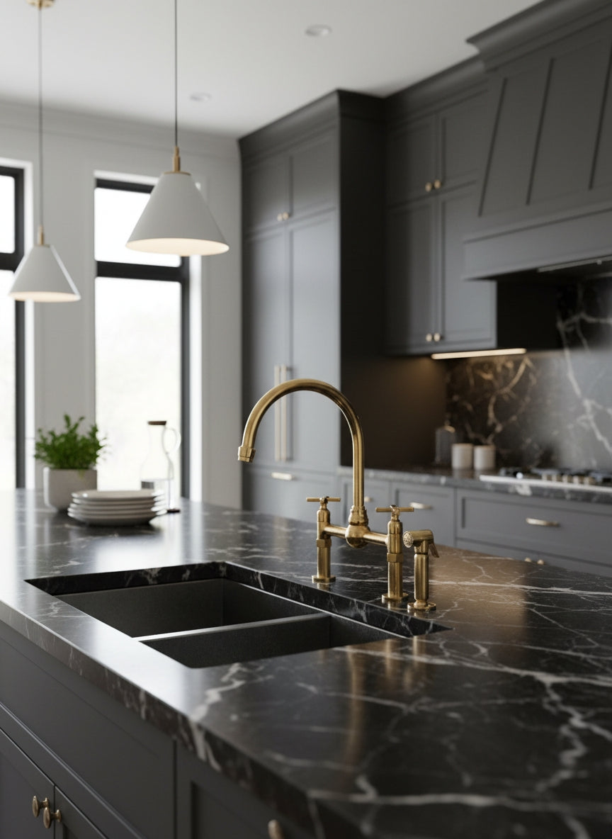 Handmade Brass Kitchen Faucet -  Dual Handle Center Ball Bridge Sink Faucet