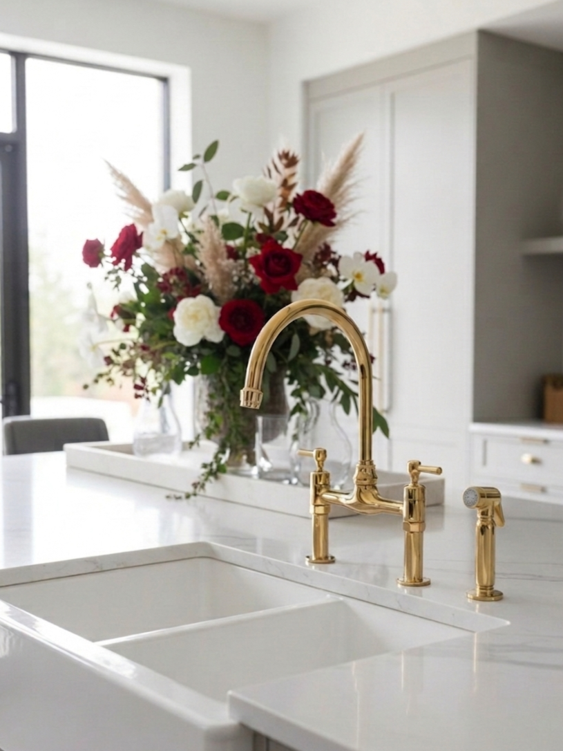 Unlacquered Brass Kitchen Faucets -  Dual Handle Center Ball Bridge Sink Faucet