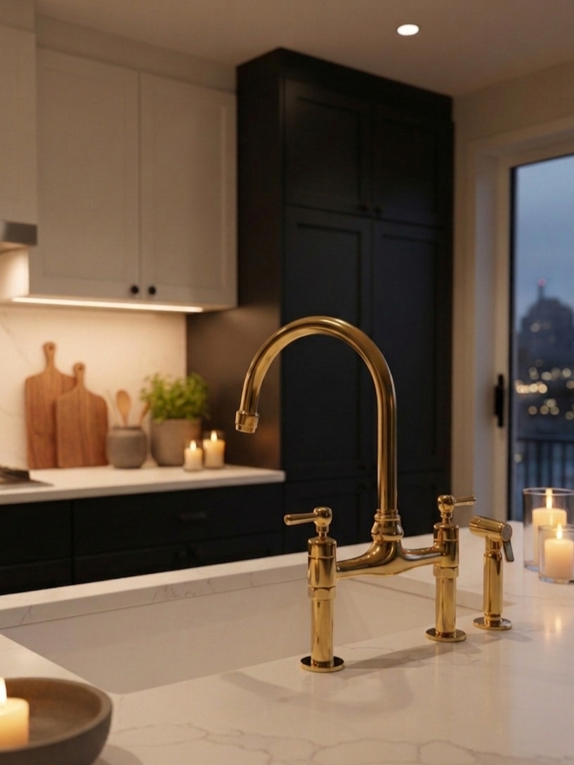 Unlacquered Brass Kitchen Faucets -  Dual Handle Center Ball Bridge Sink Faucet