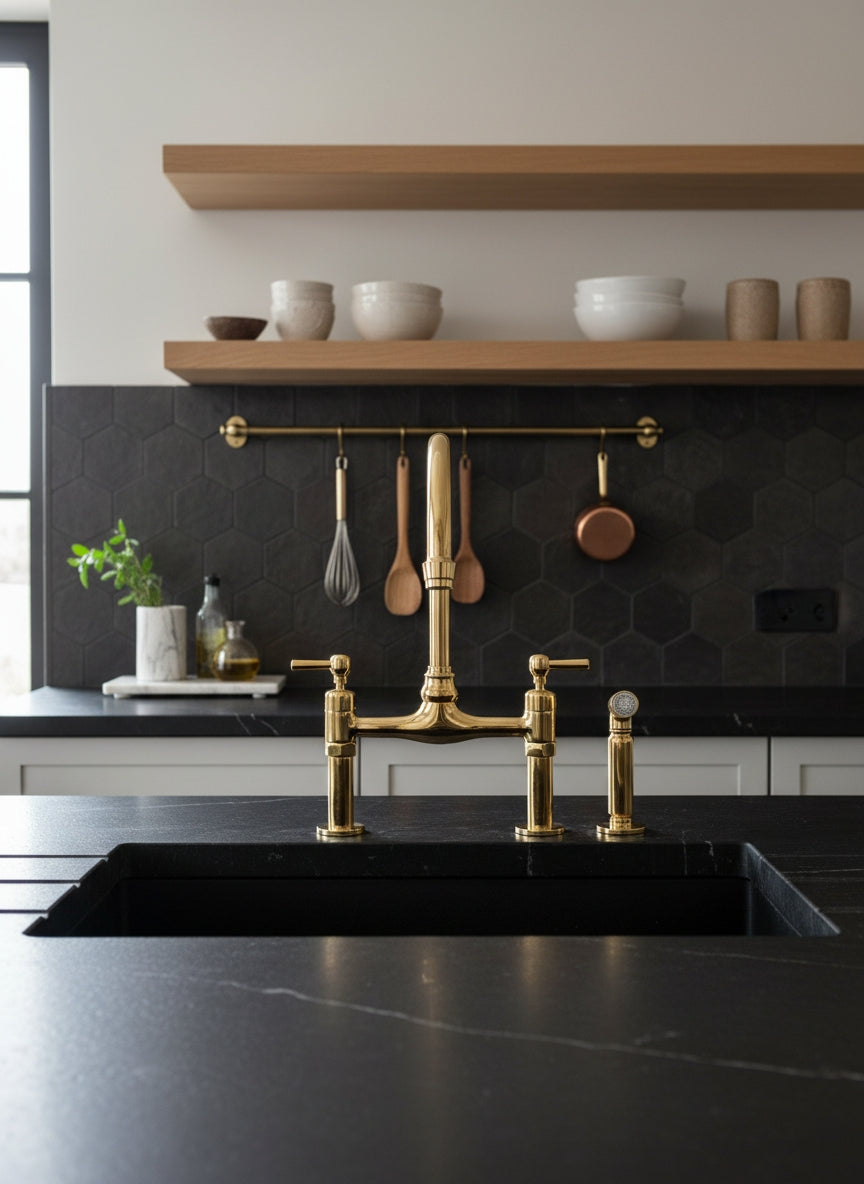 Unlacquered Brass Kitchen Faucets -  Dual Handle Center Ball Bridge Sink Faucet