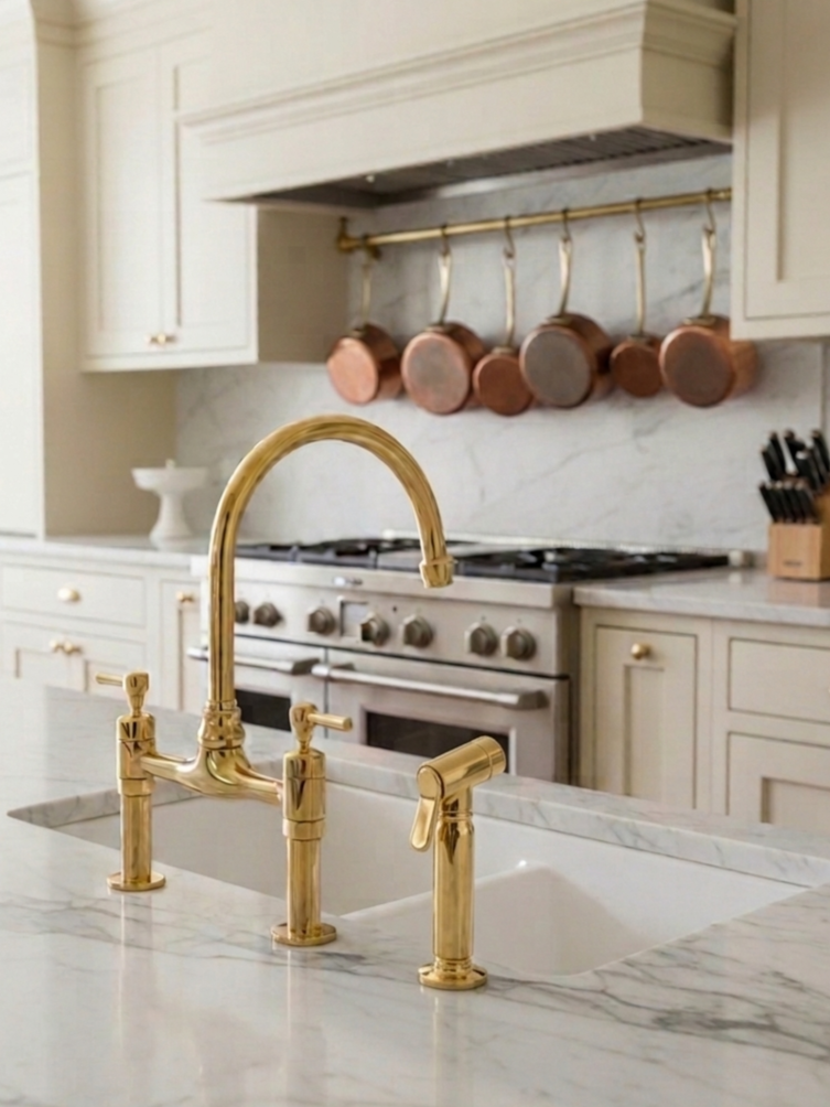 Unlacquered Brass Kitchen Faucets -  Dual Handle Center Ball Bridge Sink Faucet