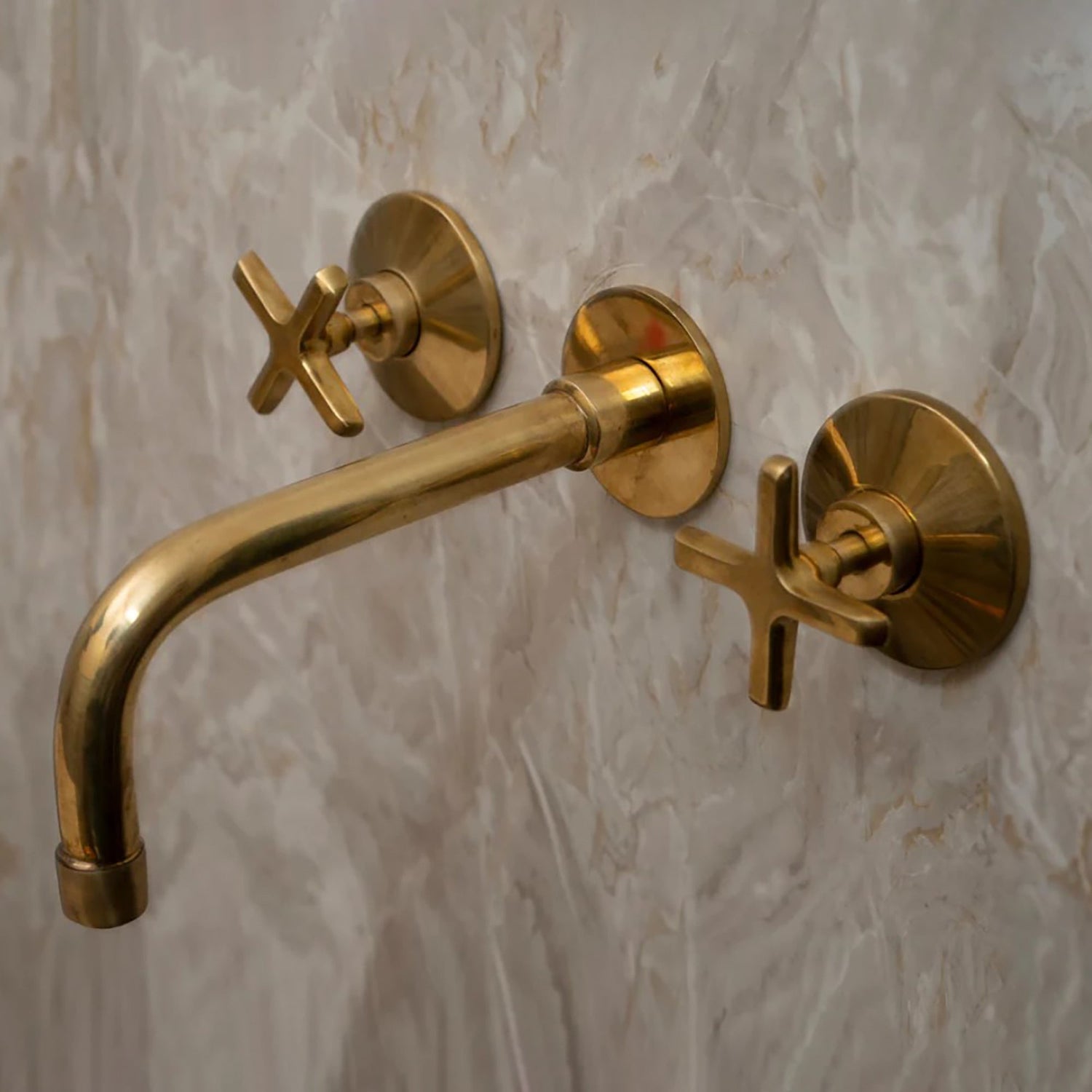 Unlacquered Brass Wall Mounted Bathroom Faucet, Solid Brass Bathroom Faucet With Cross Handle