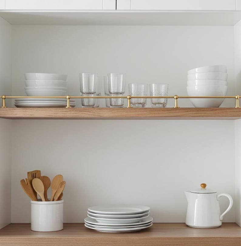Unlacquered Brass Gallery Rail – Solid Brass Shelf Bar for Open Kitchen Cabinets
