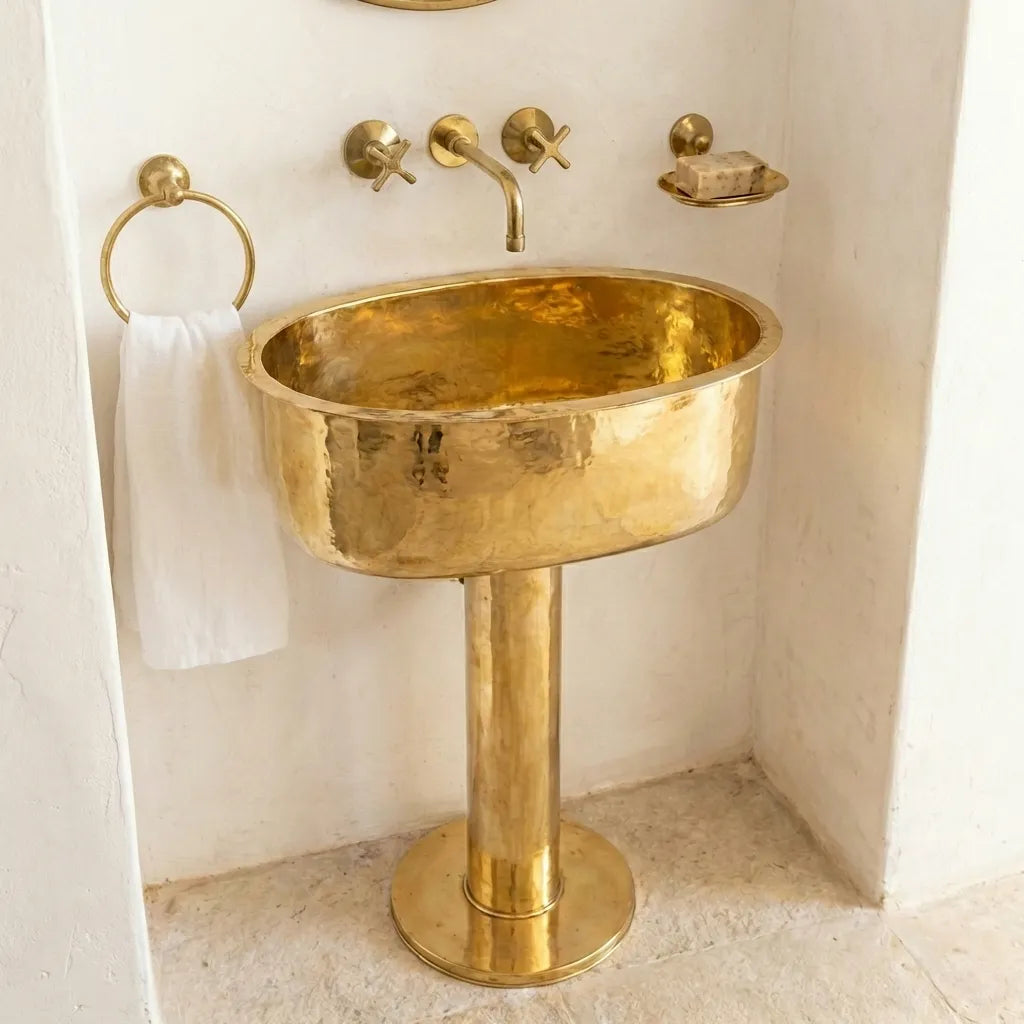 Handmade Hammered Unlacquered Brass Pedestal Sink – Wall-Mounted Vintage Bathroom Basin