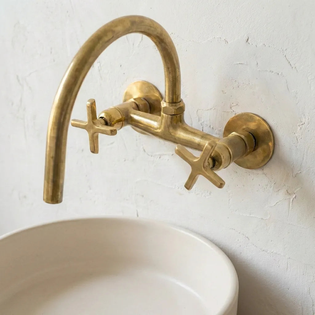 Unlacquered Brass Wall-Mount Bridge Faucet with Cross Handles