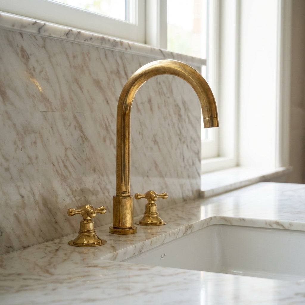 Unlacquered Brass Widespread Bathroom Sink Faucet 3 Hole Vanity Tap