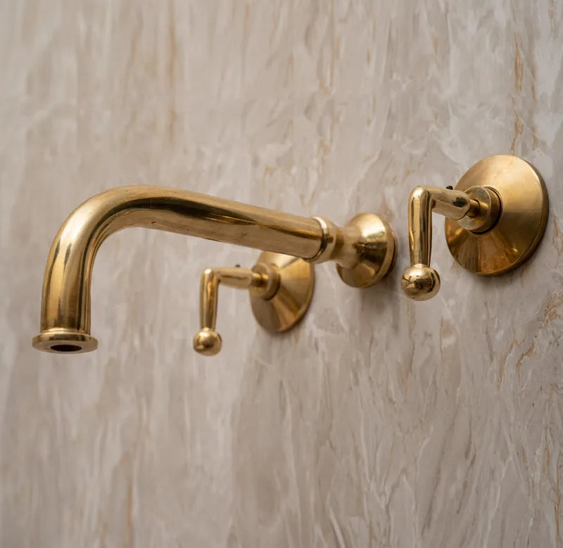 Unlacquered Brass Wall Mount Bathroom Faucet with Lever Handle
