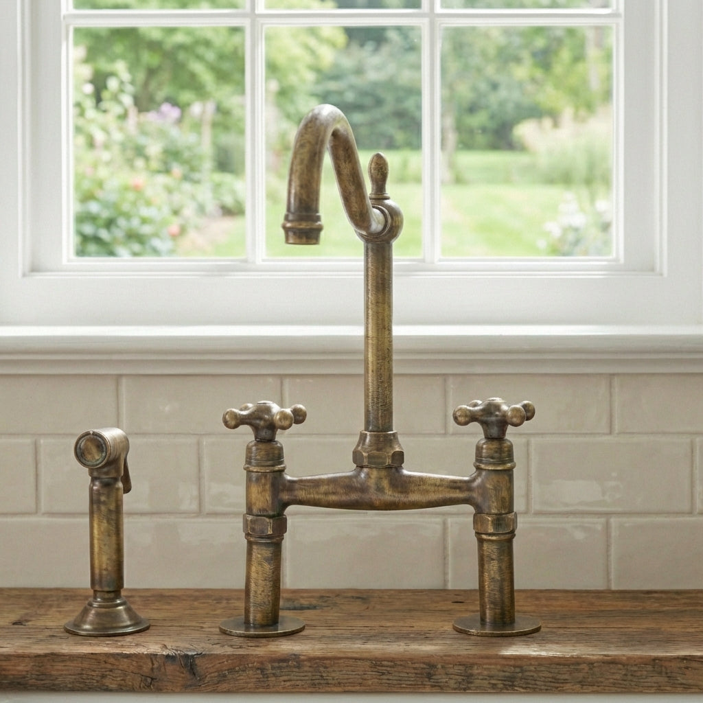 Handmade Victorian Vintage Brass Bridge Kitchen Faucet - Ornate Swan-Neck