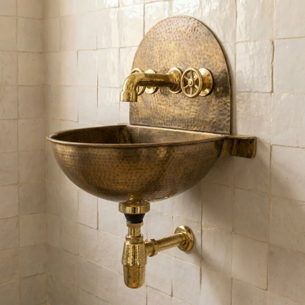 Rustic Brass Wall Hung Sink with Traditional Faucet Set
