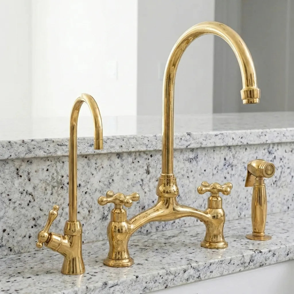 Victorian Unlacquered Brass Bridge Faucet With Side Sprayer