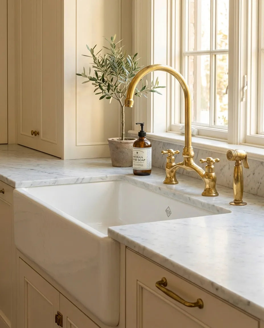 Victorian Unlacquered Brass Bridge Faucet With Side Sprayer