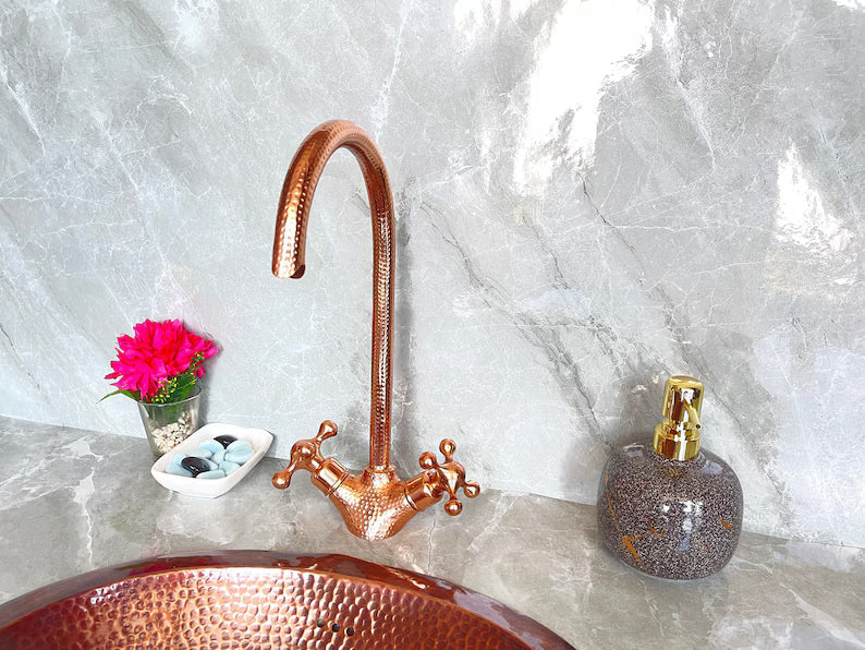 Handmade Copper Wall Mount Faucet with Double Handles | Rustic Copper Faucet