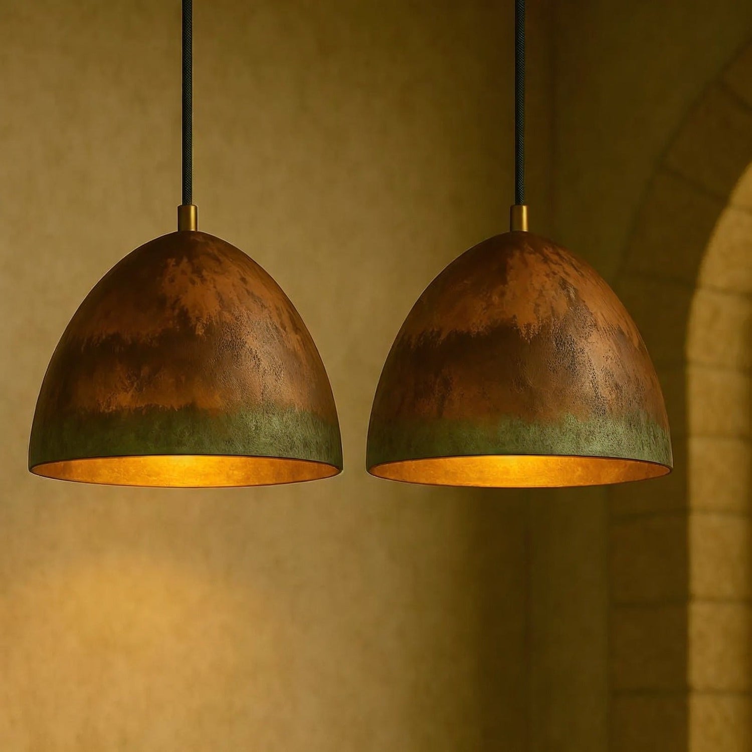 Set of 2 Oxidized Copper Dome Pendant Lights – Handmade Rustic Kitchen Island Fixtures