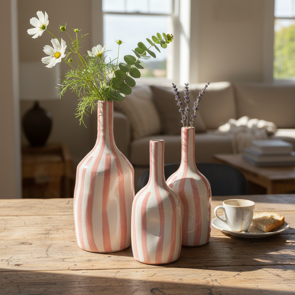Handmade Ceramic Vase – Soft Pink Striped Modern Pottery Bottle