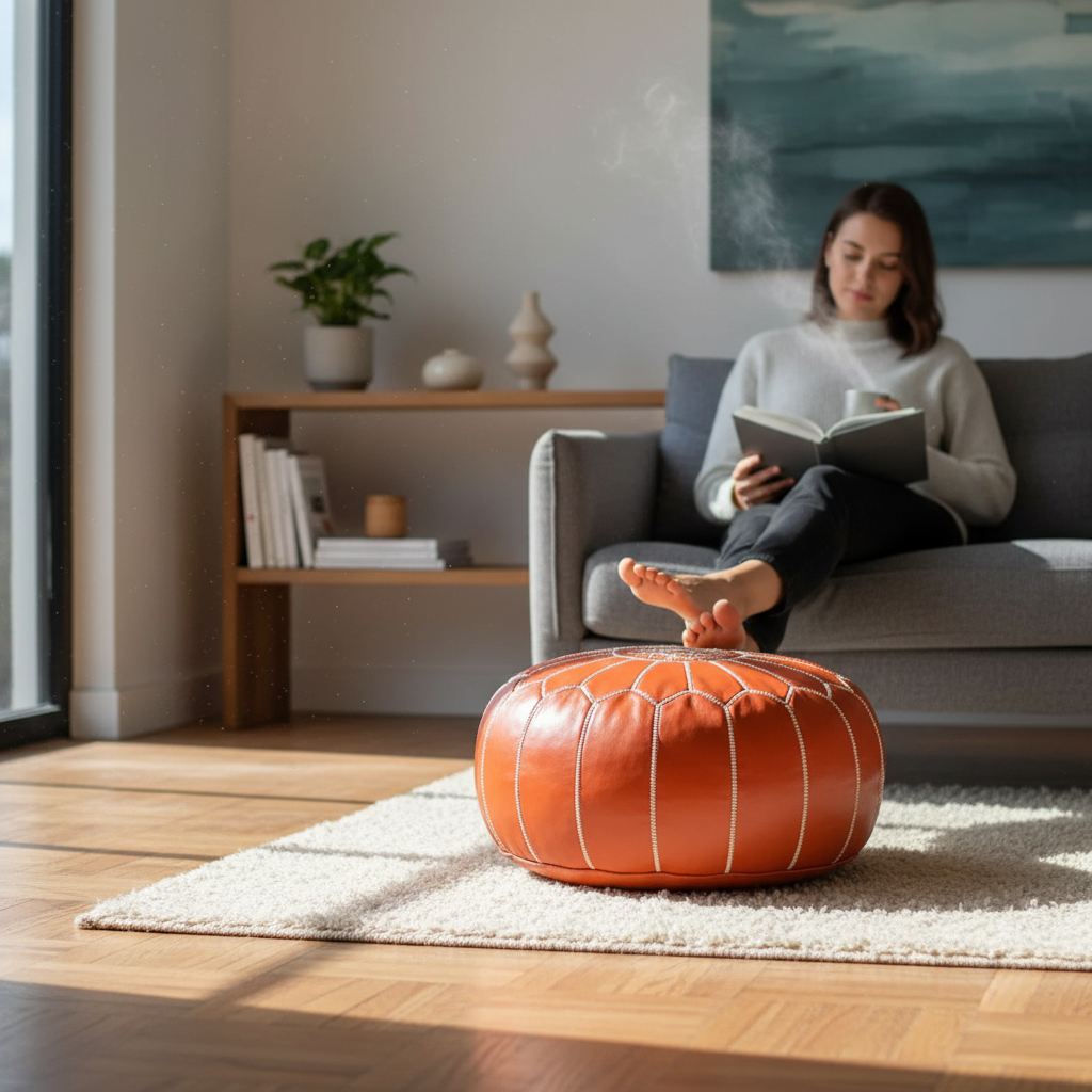 Artisan Orange Moroccan Pouf – Perfect For Colorful Decor