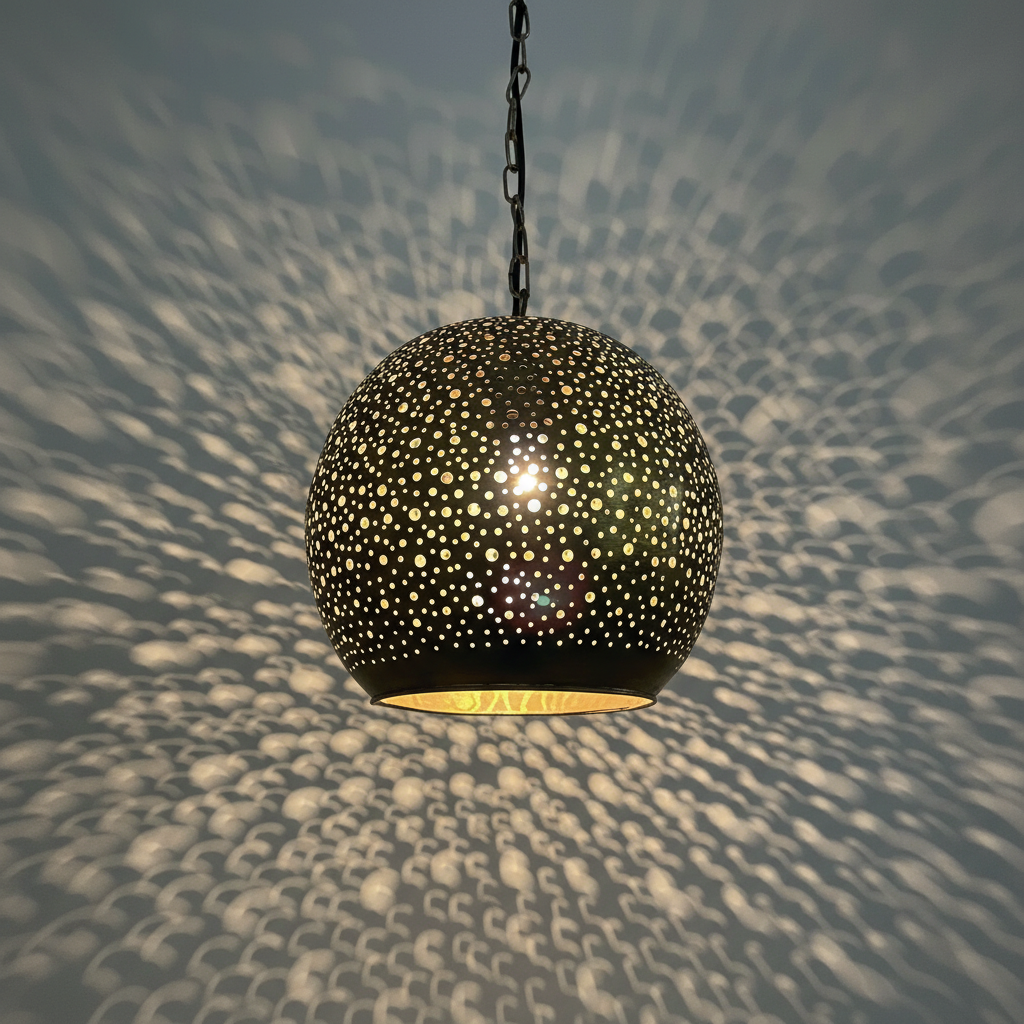 Focus Key Brass Pendant Light – Hand-Perforated Sphere Ceiling Lamp