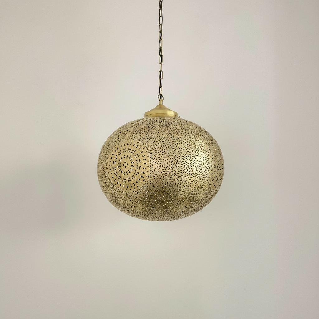 Ornate Brass Pendant Light – Perforated Globe Ceiling Lamp with Ambient Shadow Effect