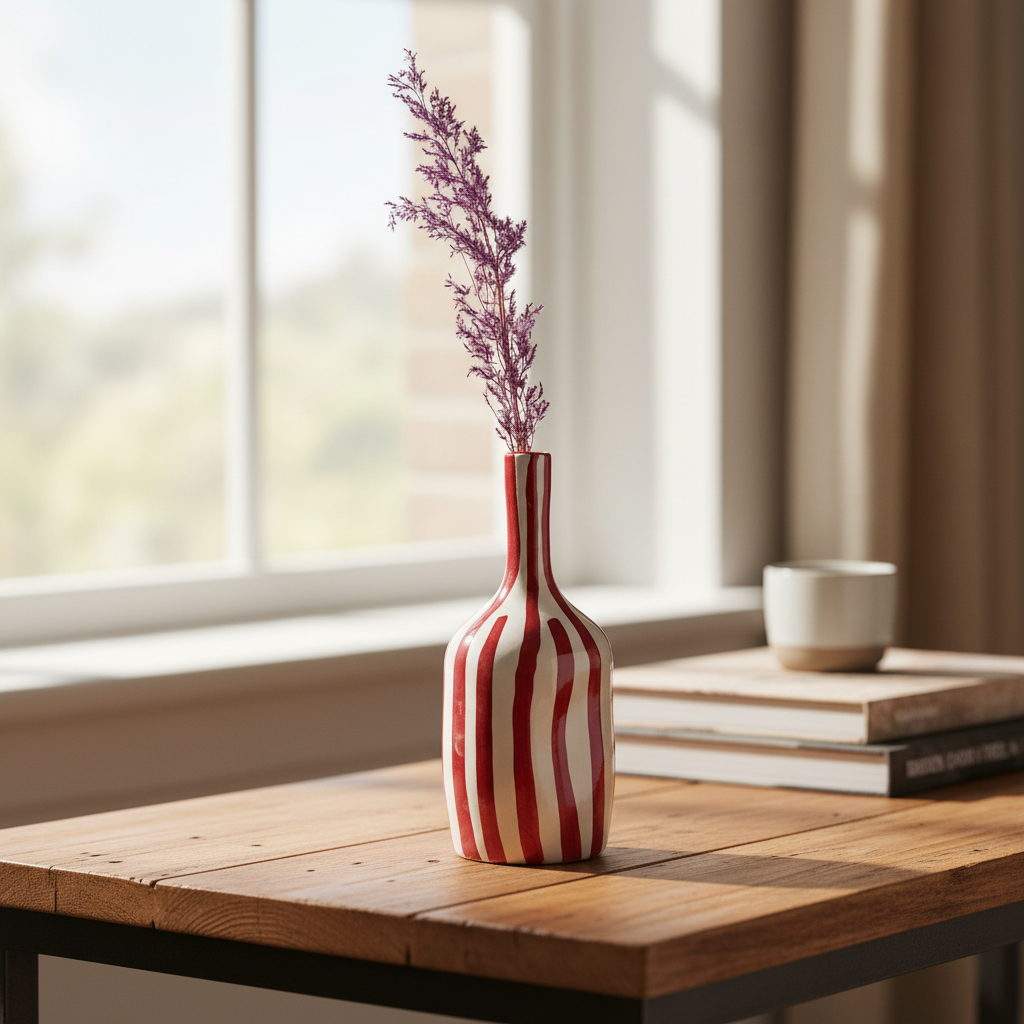 Handmade Ceramic Vase – Tall Red Striped Modern Pottery Bottle