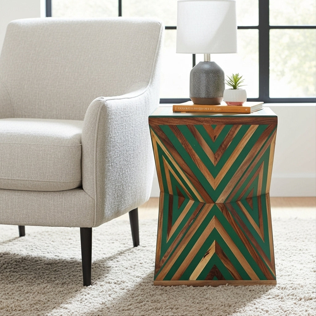 Handcrafted Geometric Green Wood Side Table