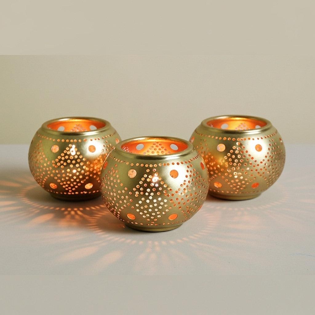 Set of 3 Moroccan Brass Candle Holder with Oriental Design