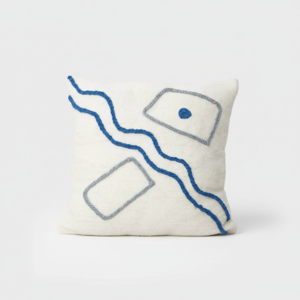 Abstract Embroidered Moroccan Pillow Cover – Handcrafted Wool Cushion in Blue & Neutral Tones