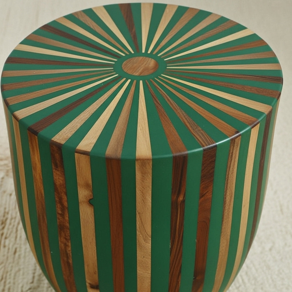 Handcrafted Green Resin & Wood Striped Side Table