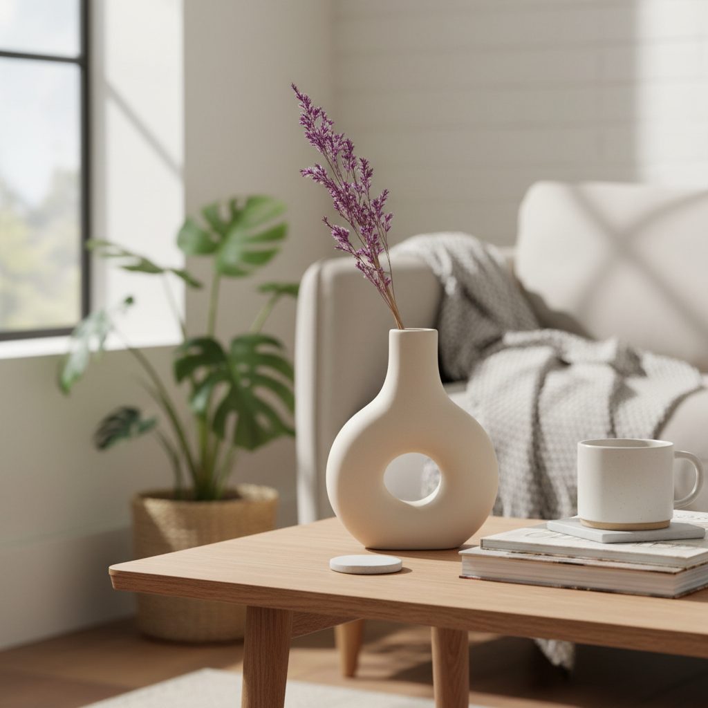 Handmade Ceramic Vase – Minimal Neutral Donut Vase with Matte Finish