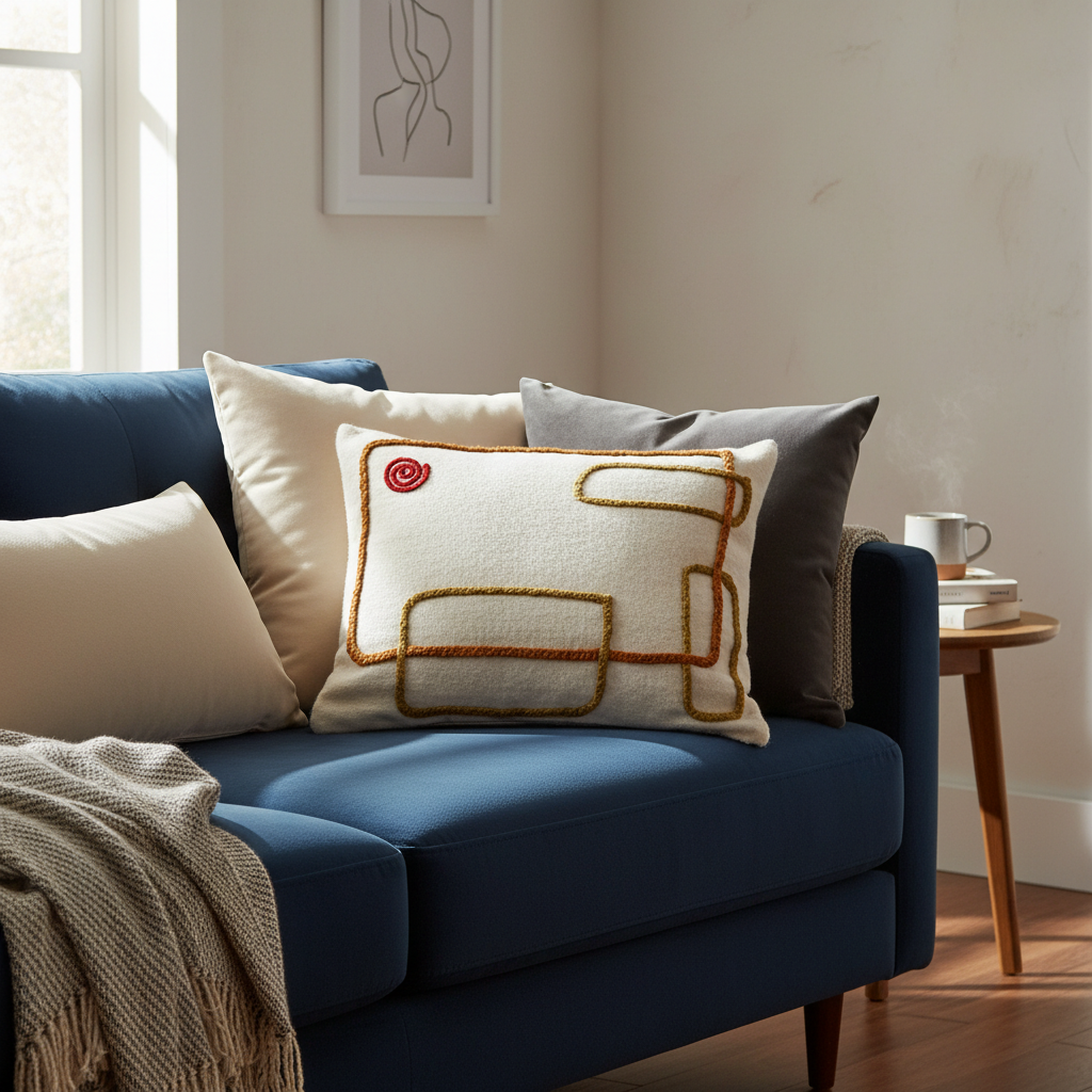 Abstract Embroidered Moroccan Pillow Cover – Handcrafted Wool Cushion in Neutral Tones