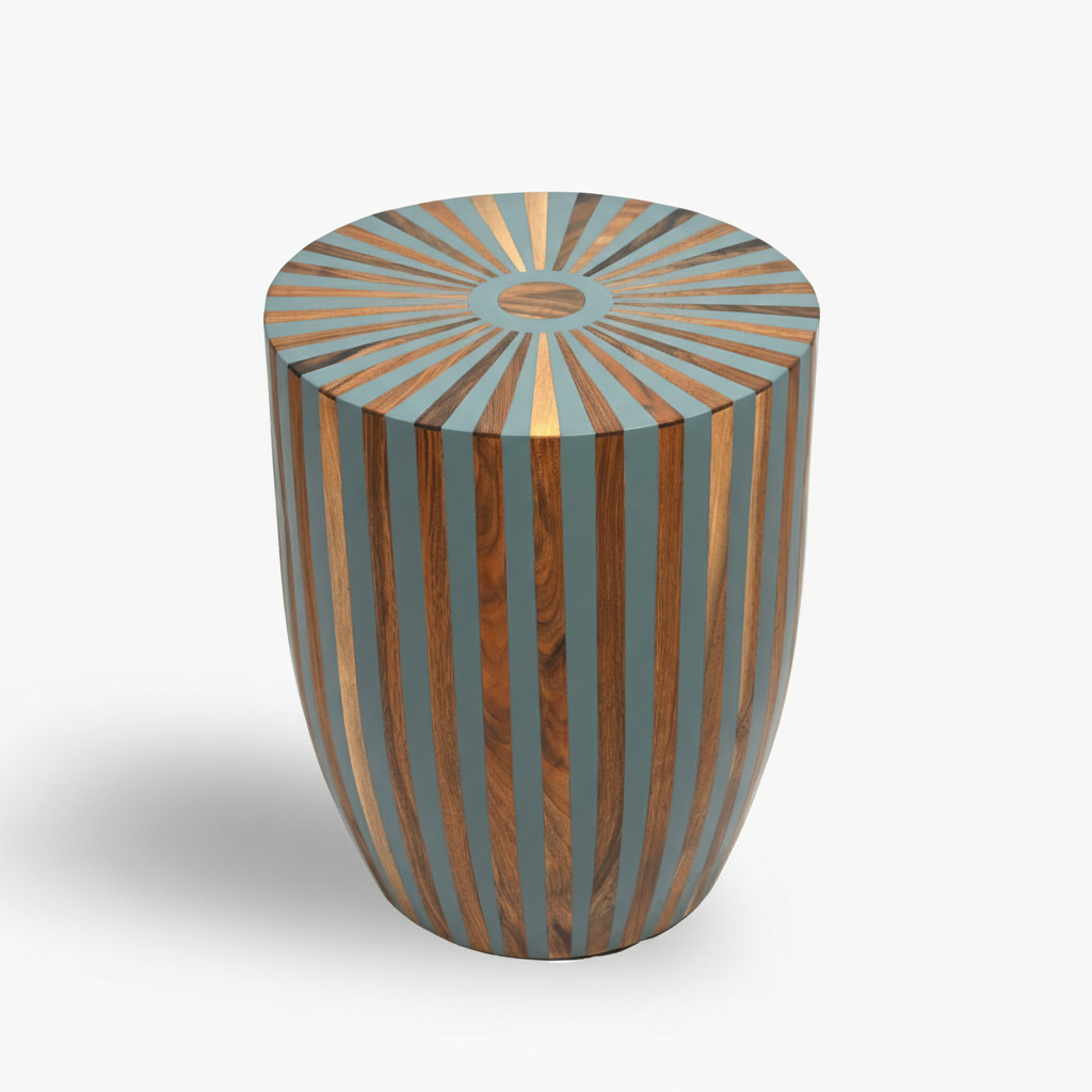 Wooden stool with a sunburst pattern on a white background