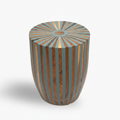 Wooden stool with a sunburst pattern on a white background