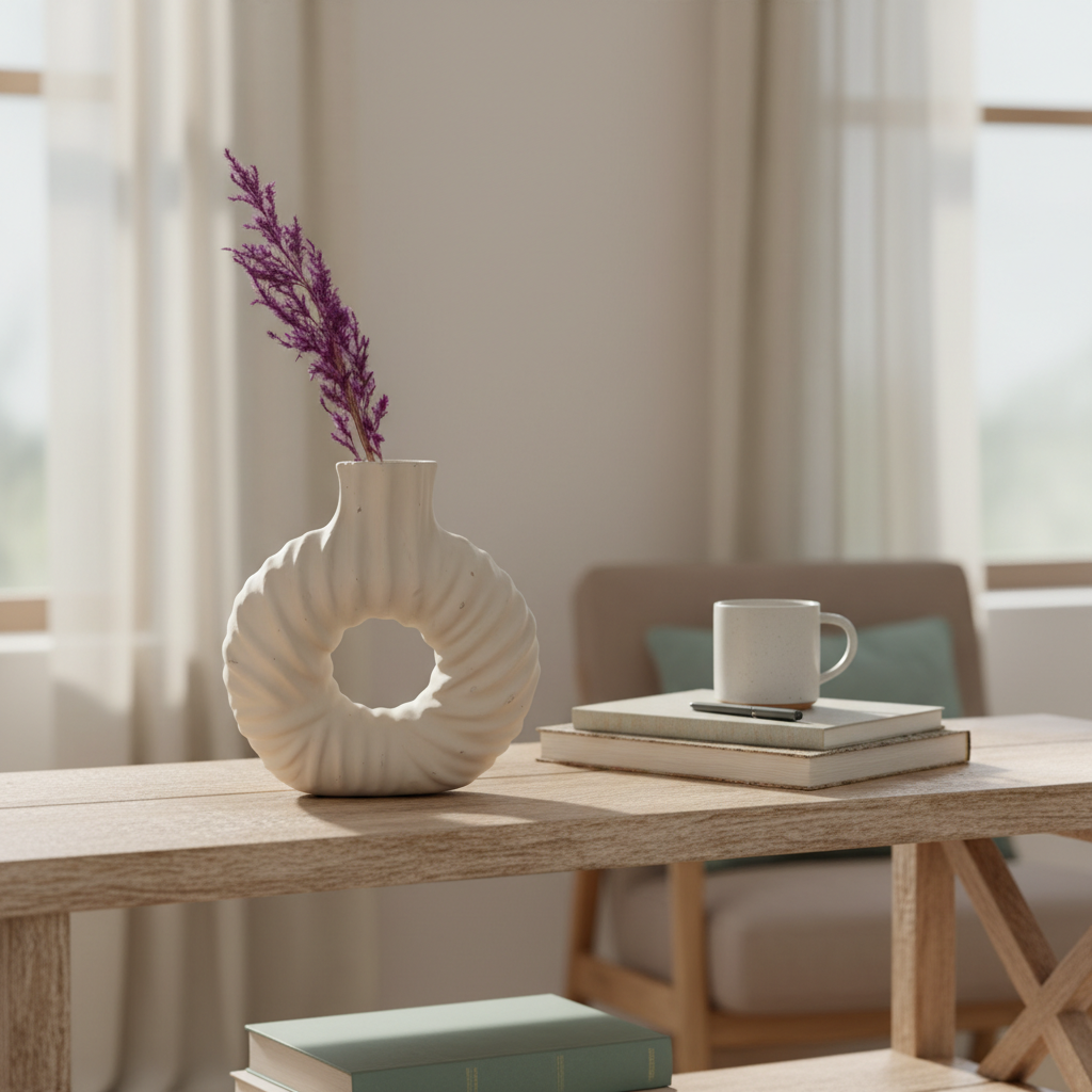 Handmade Ceramic Vase – Textured Sculptural Donut Vase in Neutral Tone