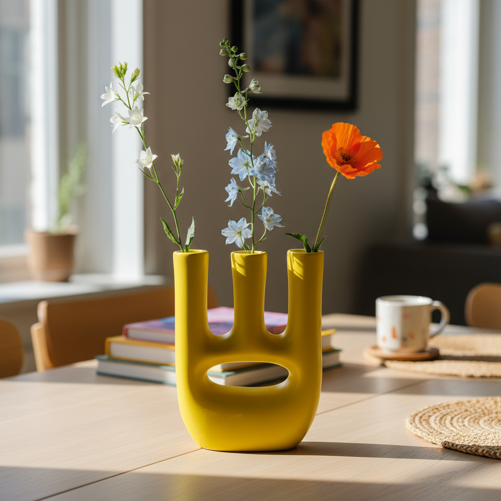 Handmade Ceramic Vase – Modern Yellow Triple-Neck Sculptural Vase