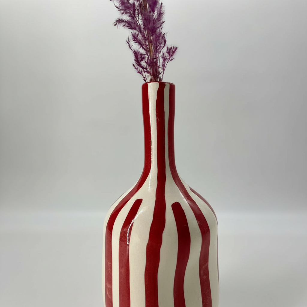 Handmade Ceramic Vase – Tall Red Striped Modern Pottery Bottle