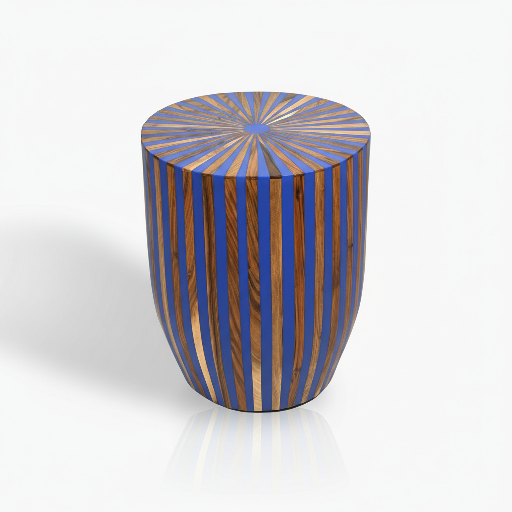 Round stool with blue and brown striped pattern on a white background
