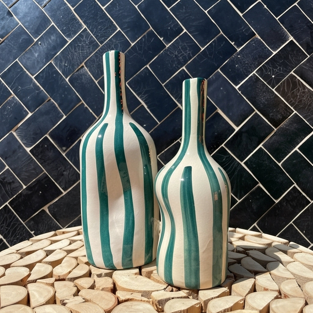 Handmade Ceramic Vase – Green Striped Modern Pottery Bottle