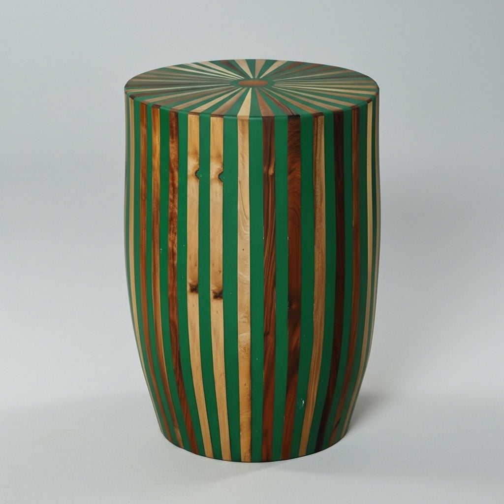 Handcrafted Green Resin & Wood Striped Side Table
