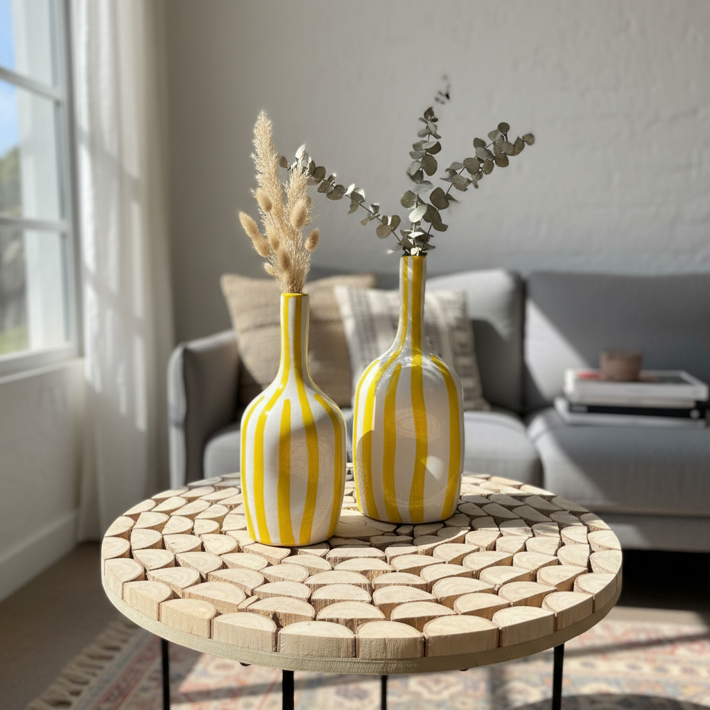 Handmade Ceramic Vase – Yellow Striped Modern Pottery Bottle