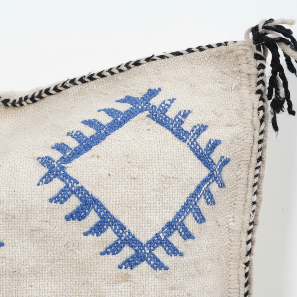 Berber Pillow Cover with Blue Geometric Motifs – Moroccan Handwoven Cushion with Tassels, 4 Sizes