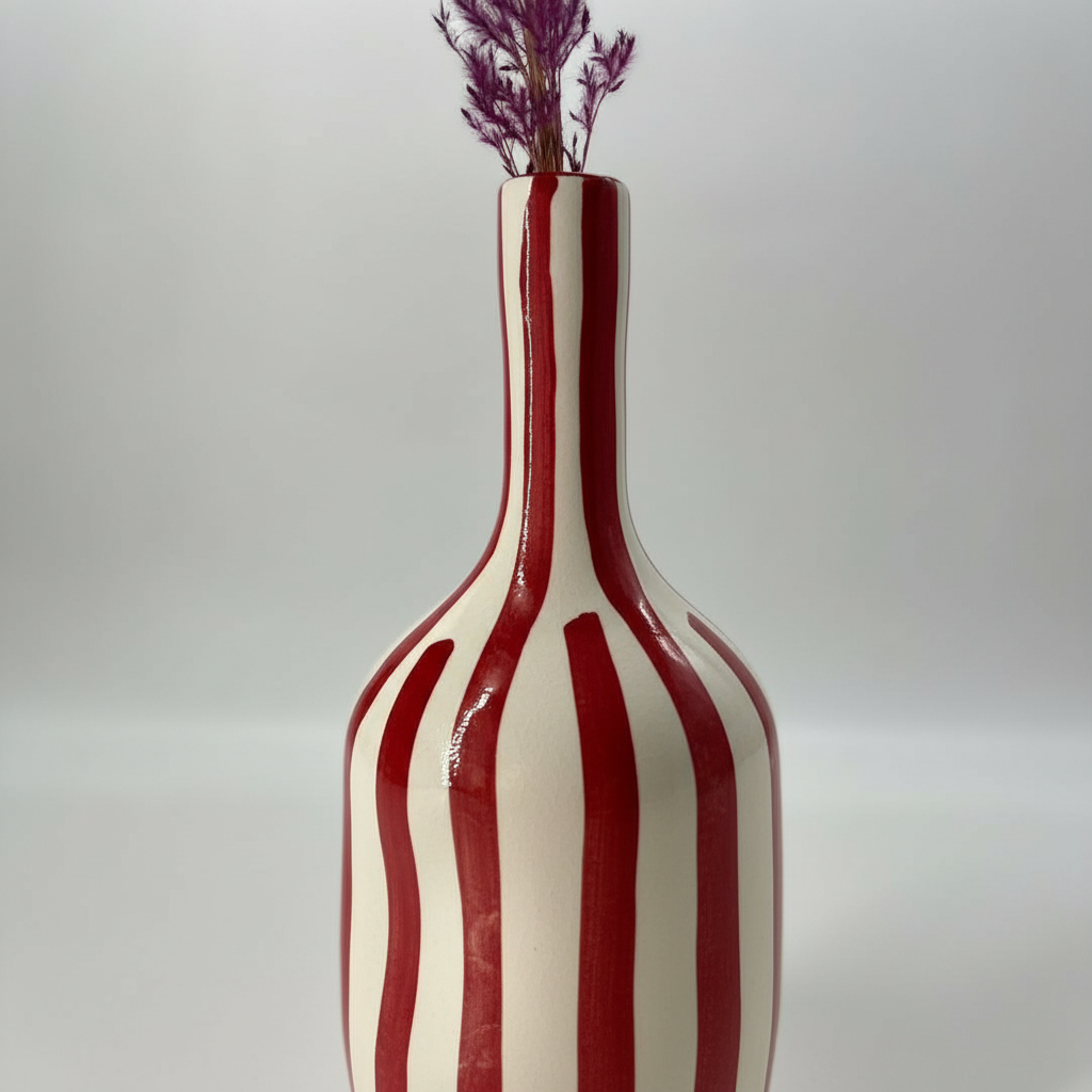 Handmade Ceramic Vase – Tall Red Striped Modern Pottery Bottle
