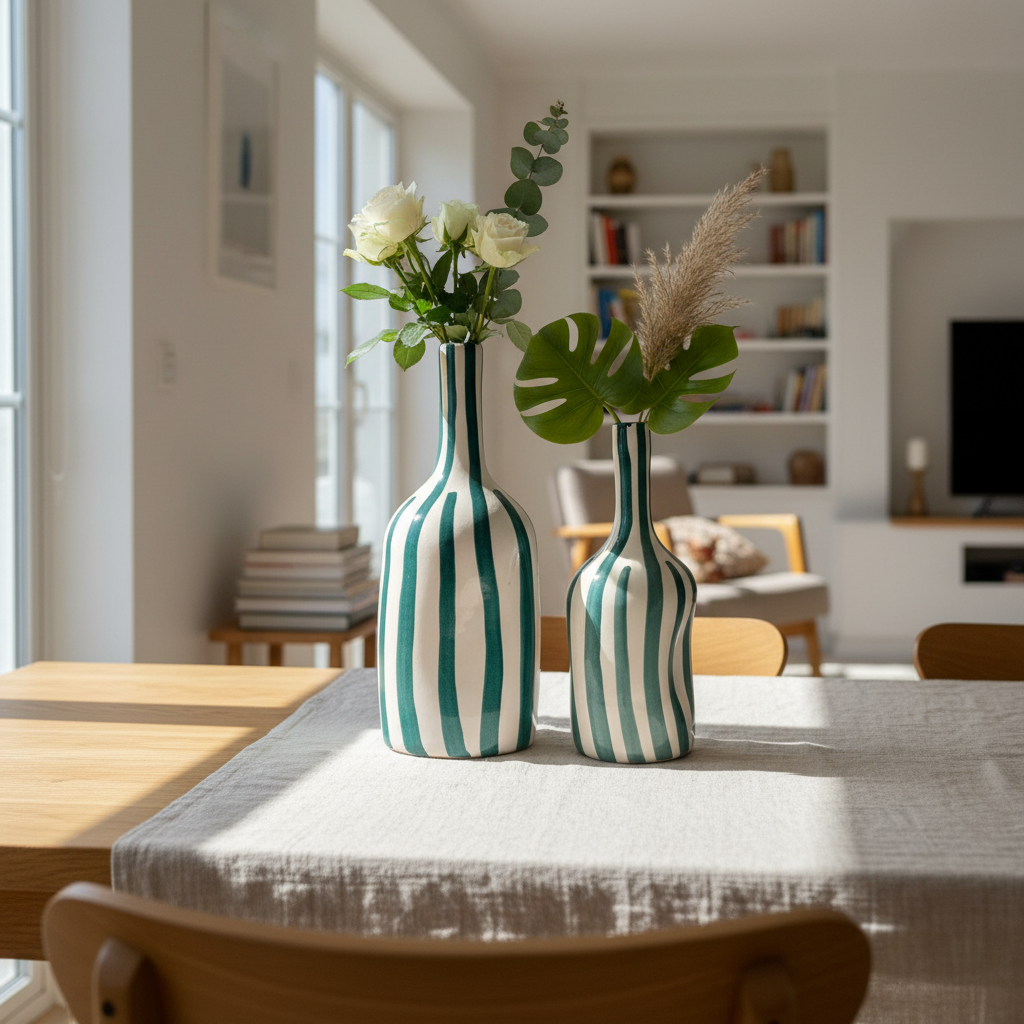 Handmade Ceramic Vase – Green Striped Modern Pottery Bottle