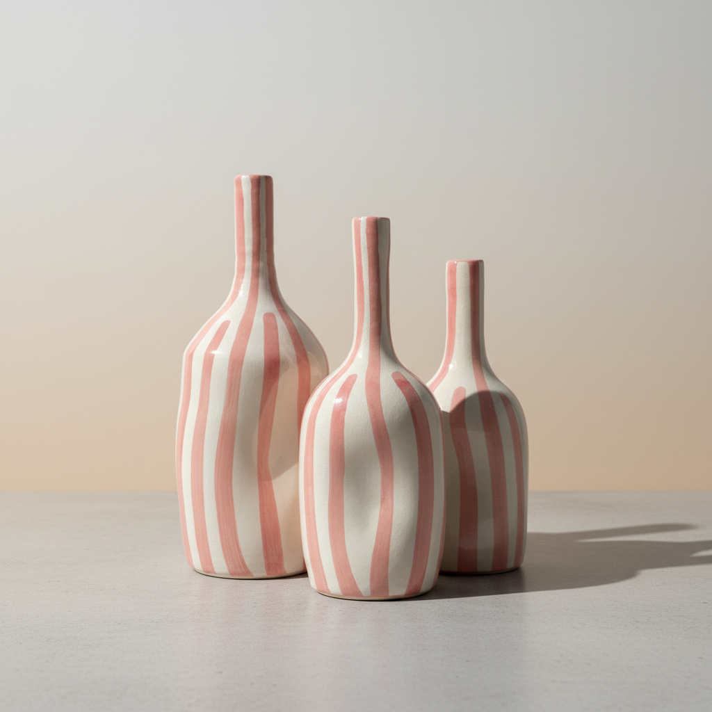 Handmade Ceramic Vase – Soft Pink Striped Modern Pottery Bottle
