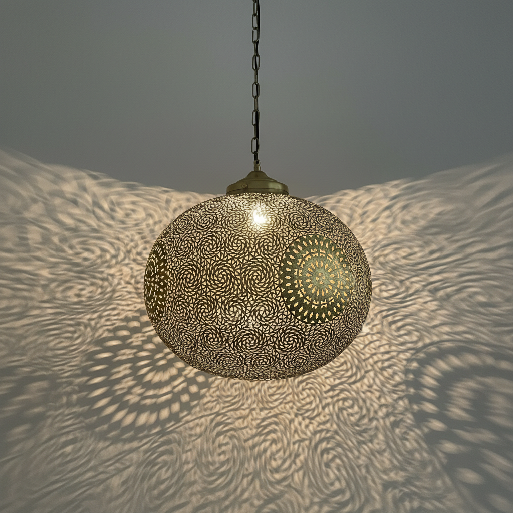 Ornate Brass Pendant Light – Perforated Globe Ceiling Lamp with Ambient Shadow Effect