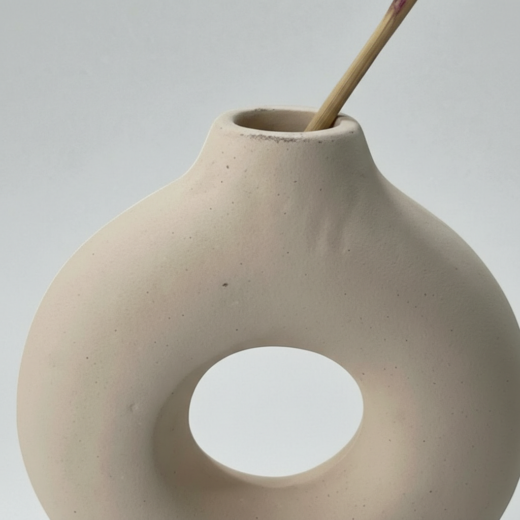 Handmade Ceramic Vase – Neutral Sculptural Donut Vase with Matte Finish