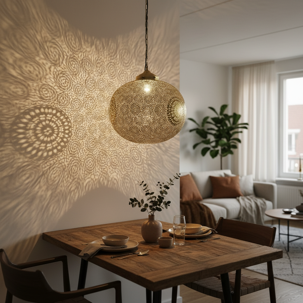 Ornate Brass Pendant Light – Perforated Globe Ceiling Lamp with Ambient Shadow Effect