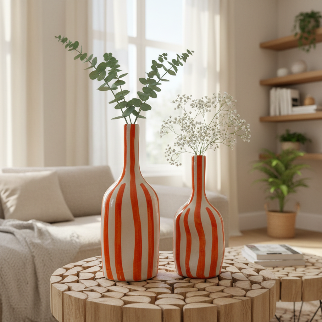 Handmade Ceramic Vase – Modern Orange Striped Pottery Bottle Décor