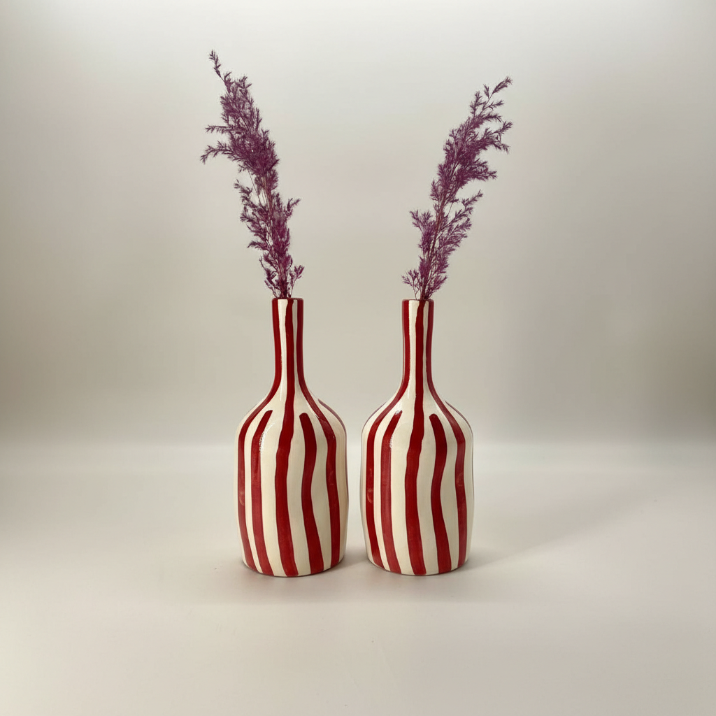Handmade Ceramic Vase – Tall Red Striped Modern Pottery Bottle